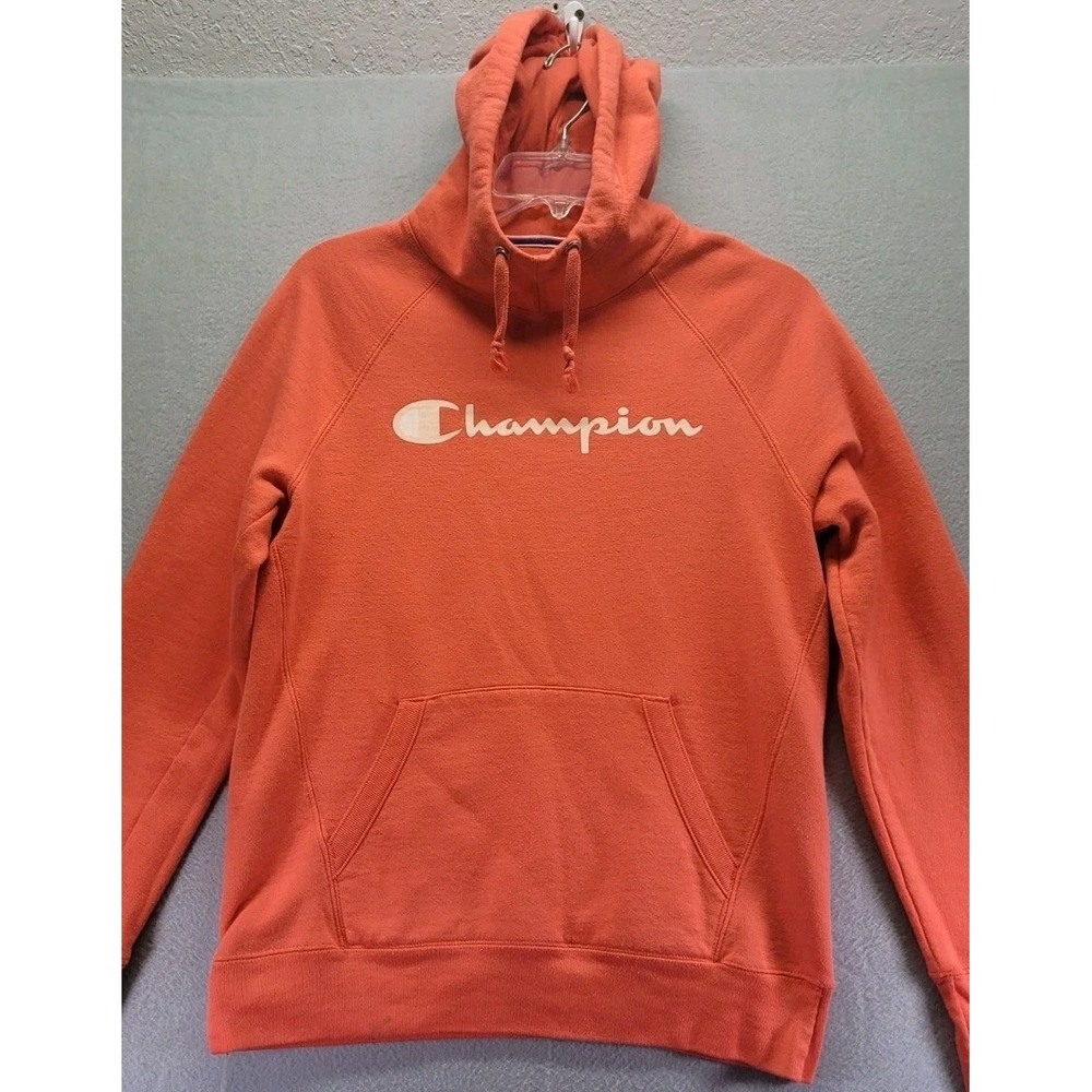 Y2K Champion Orange Hoodie Sweatshirt Kangaroo Pocket Womens Size XS Cowl Neck